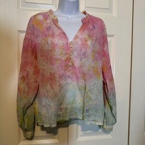 Pilcro The Tavi Blouse Women's XS Pastel Tie Dye Long Sleeve V-Neck Boho Cotton‎